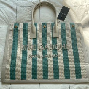 SAINT LAURENT Rive Gauche Tote Bag in Striped Canvas and Leather Handle
